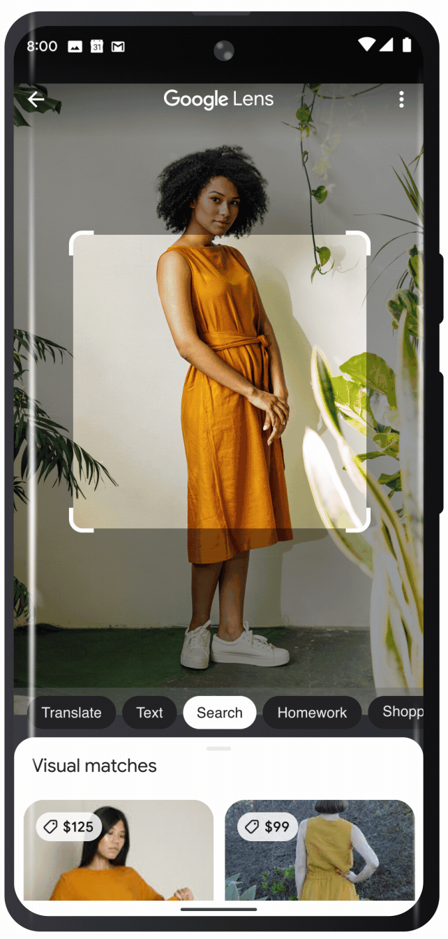 A gif of a phone screen searching for a green version of an orange dress using text and images.