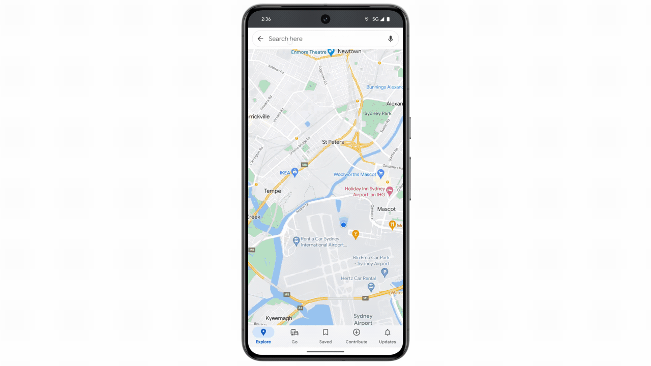A GIF showing a phone displaying the experience when searching for a location on Maps in Sydney Airport