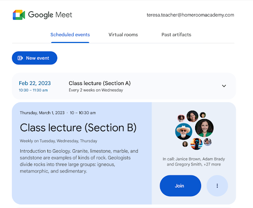 An image of a class in an LMS with the ability to join a meeting using Google Meet