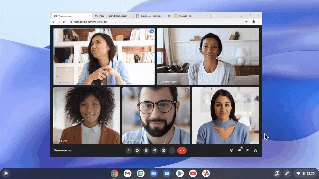 Animated image of a Google Meet call and how to turn on the Picture-in-Picture feature to navigate to another tab while also seeing participants in Meet.