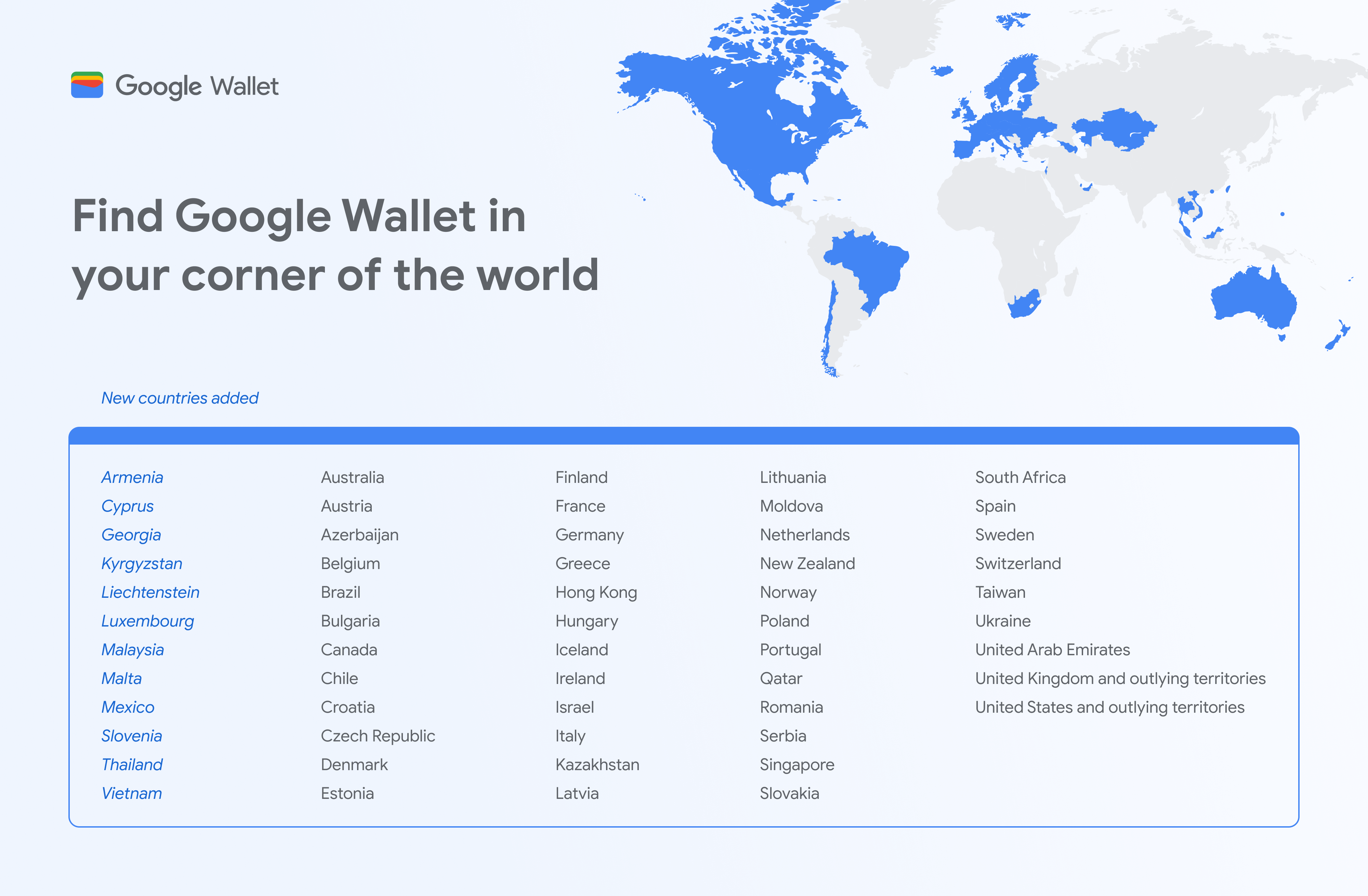 El texto dice "Encuentra Google Wallet en tu rincón del mundo" y muestra un mapa y una lista de los 57 países donde Google Wallet está disponible.