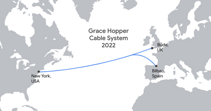 A map of the Grace Hopper subsea cable demonstrating the route where it connects the United States, the United Kingdom and Spain