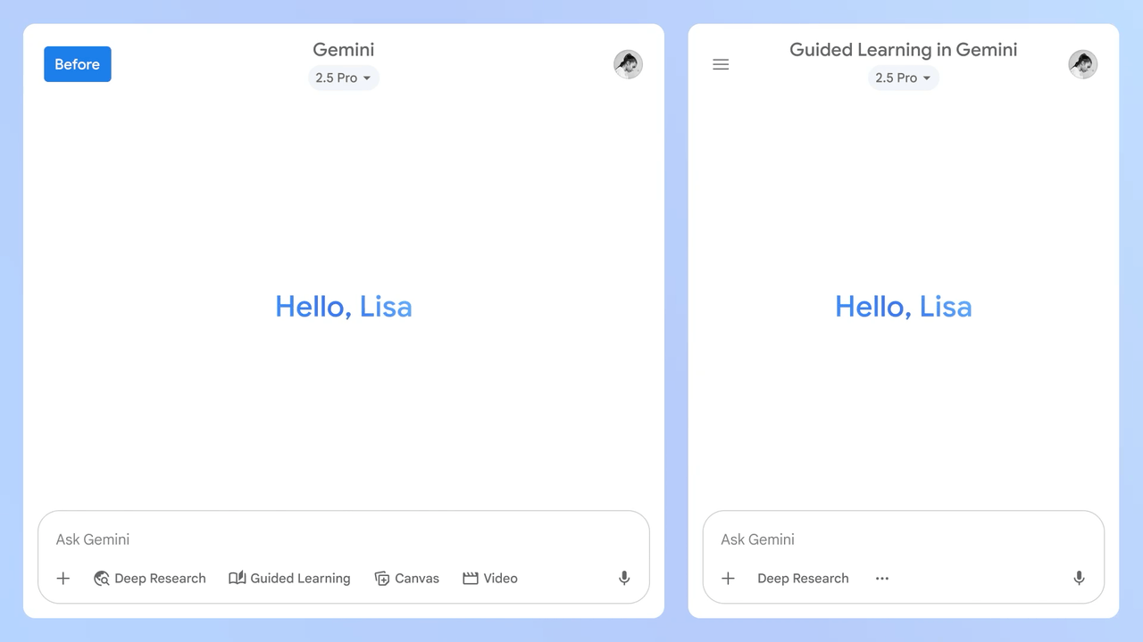 A before-and-after view of the Gemini user interface. The left side shows a user asking Gemini to help with a physics homework problem and getting a detailed response. The right side shows the user asking the same question in Gemini’s Guided Learning, illustrating a back and forth conversation before arriving at the answer.
