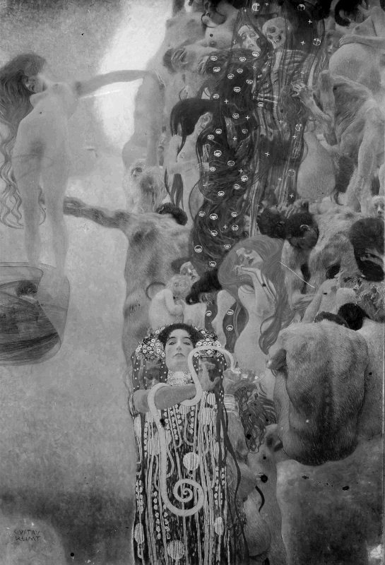 Ein GIF von Gustav Klimts Fakultätsbild "Medizin, das sich allmählich von Schwarz-Weiß zu seiner neu kolorierten Version verändert