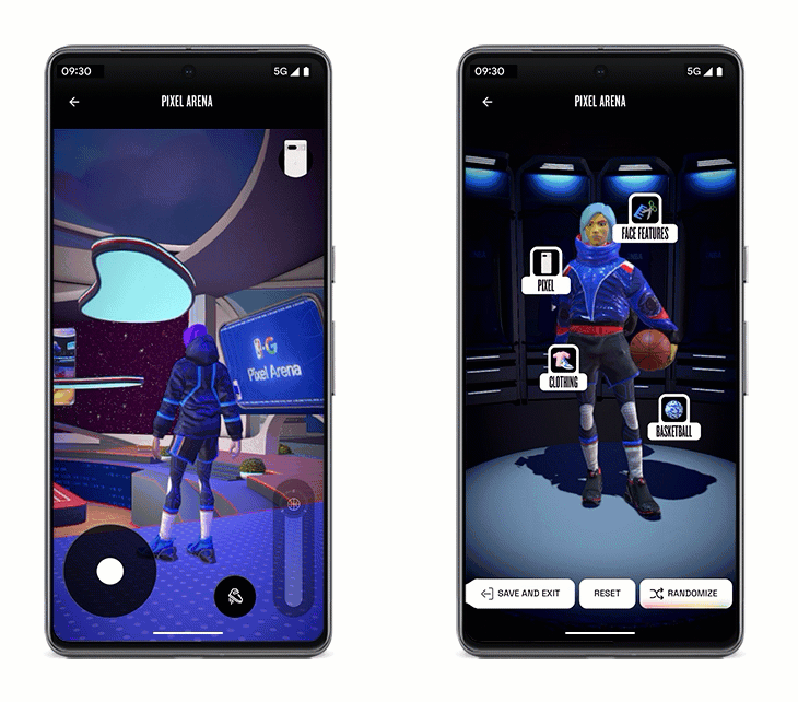 Two phones side by side with animated image of an avatar looking around Pixel Arena and at options to customize its outfit