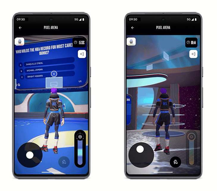 Two phones side by side; left phone shows animated image of an avatar shooting a basket, right phone shows avatar dunking a basketball