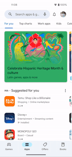 Multiple apps on the Google Play Store are highlighted to indicate  those developed by Latino creators or created for the Latino community.