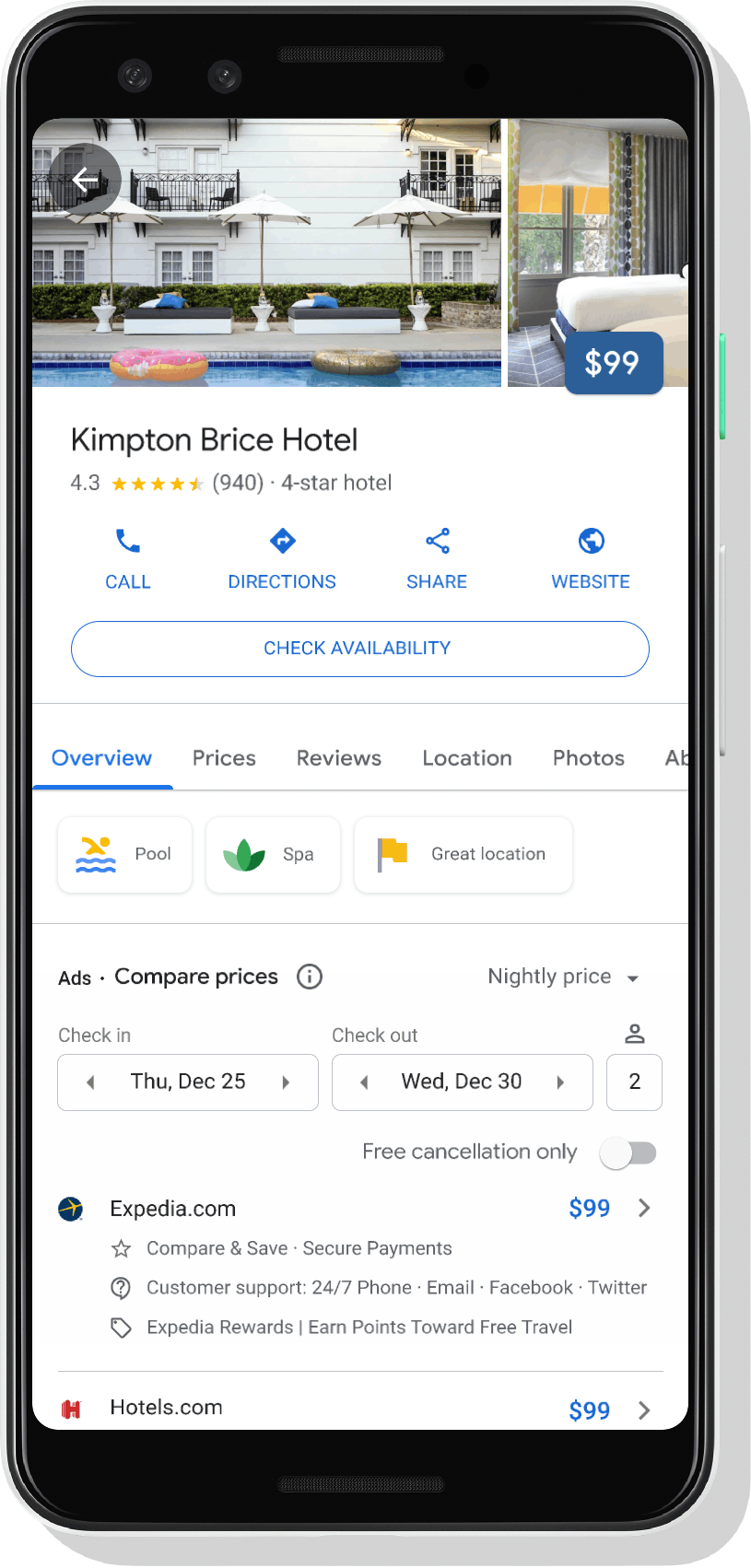 On google.com/travel on the hotels tab you see the Kimpton Brice Hotel overview with price and availability information. When you scroll down you see a badge indicating there are additional health & safety attributes. On a click, you are taken to the 