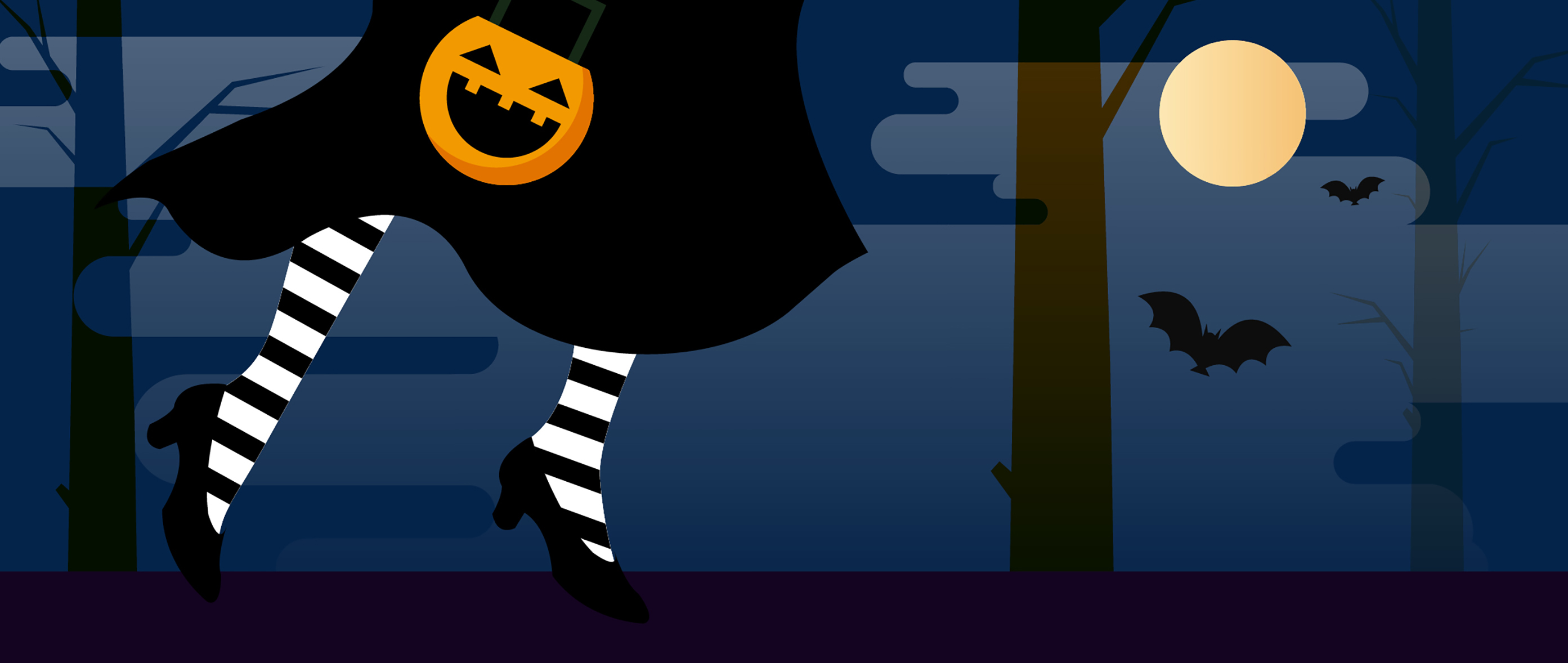 Cartoon image of a witch trick or treating, with a full moon and bats in the background.