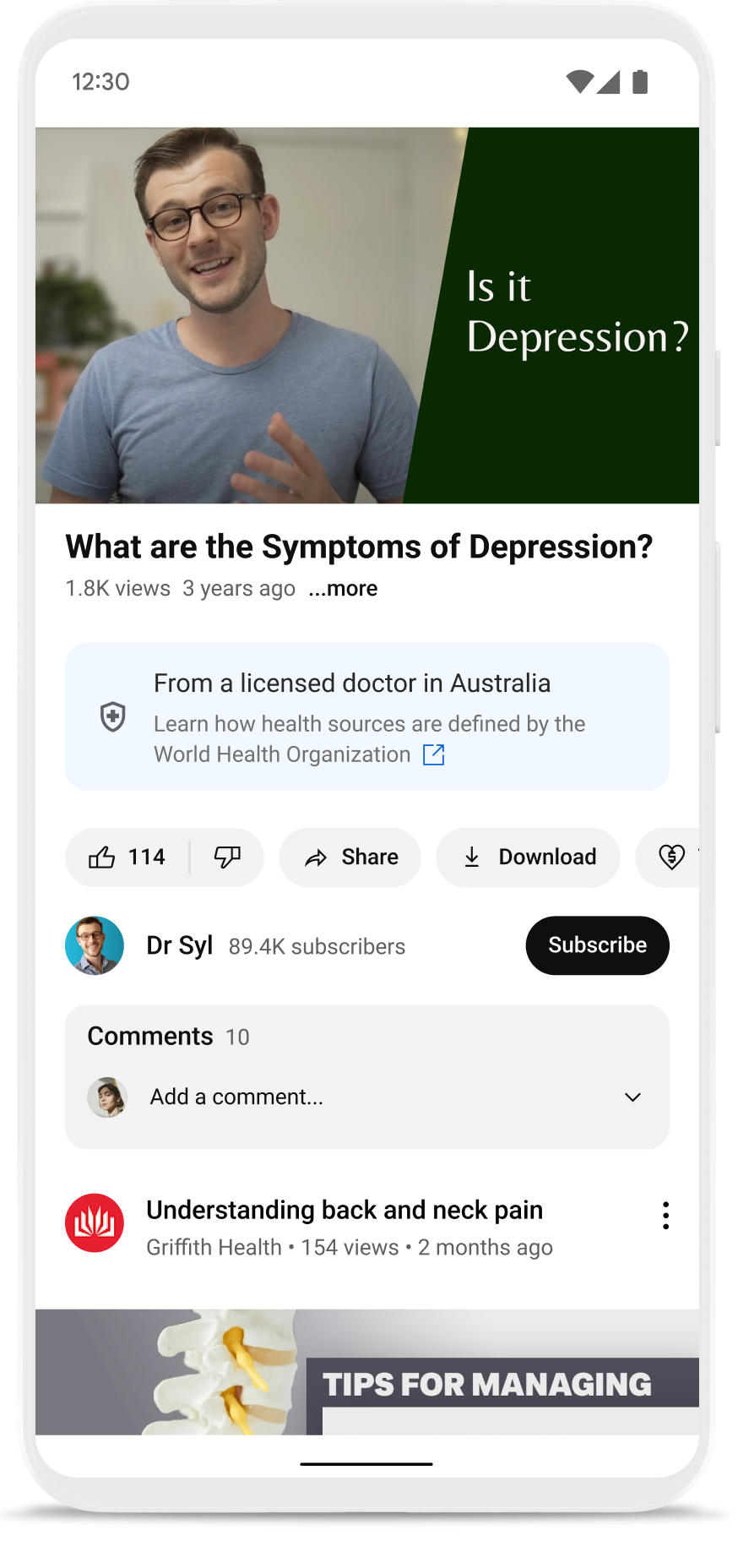Example information panel for health information sources