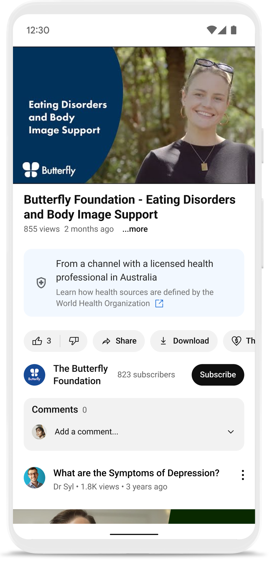 Example information panel for health information sources