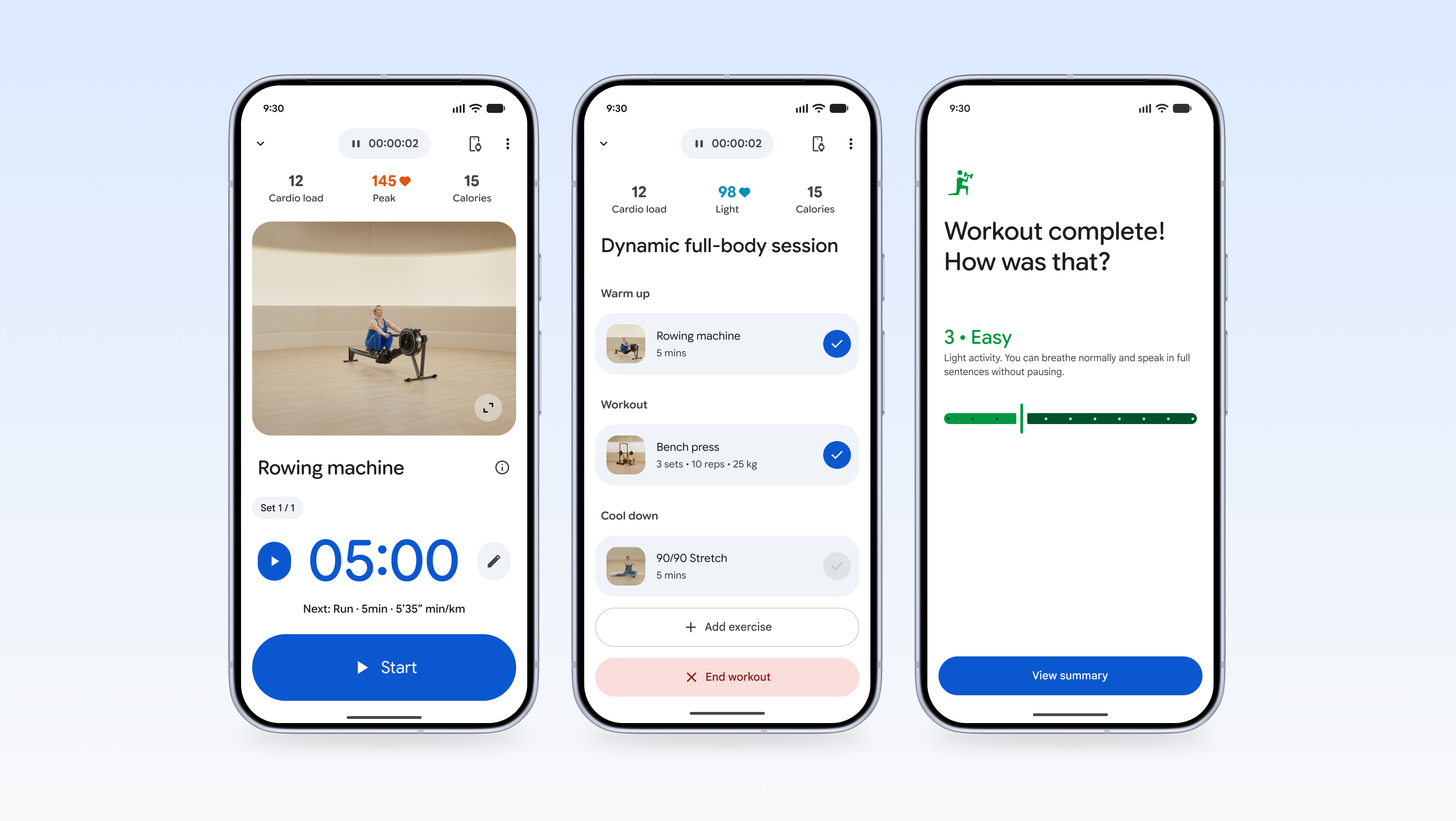 スマートフォンに表示された Google Health コーチでのトレーニング画面