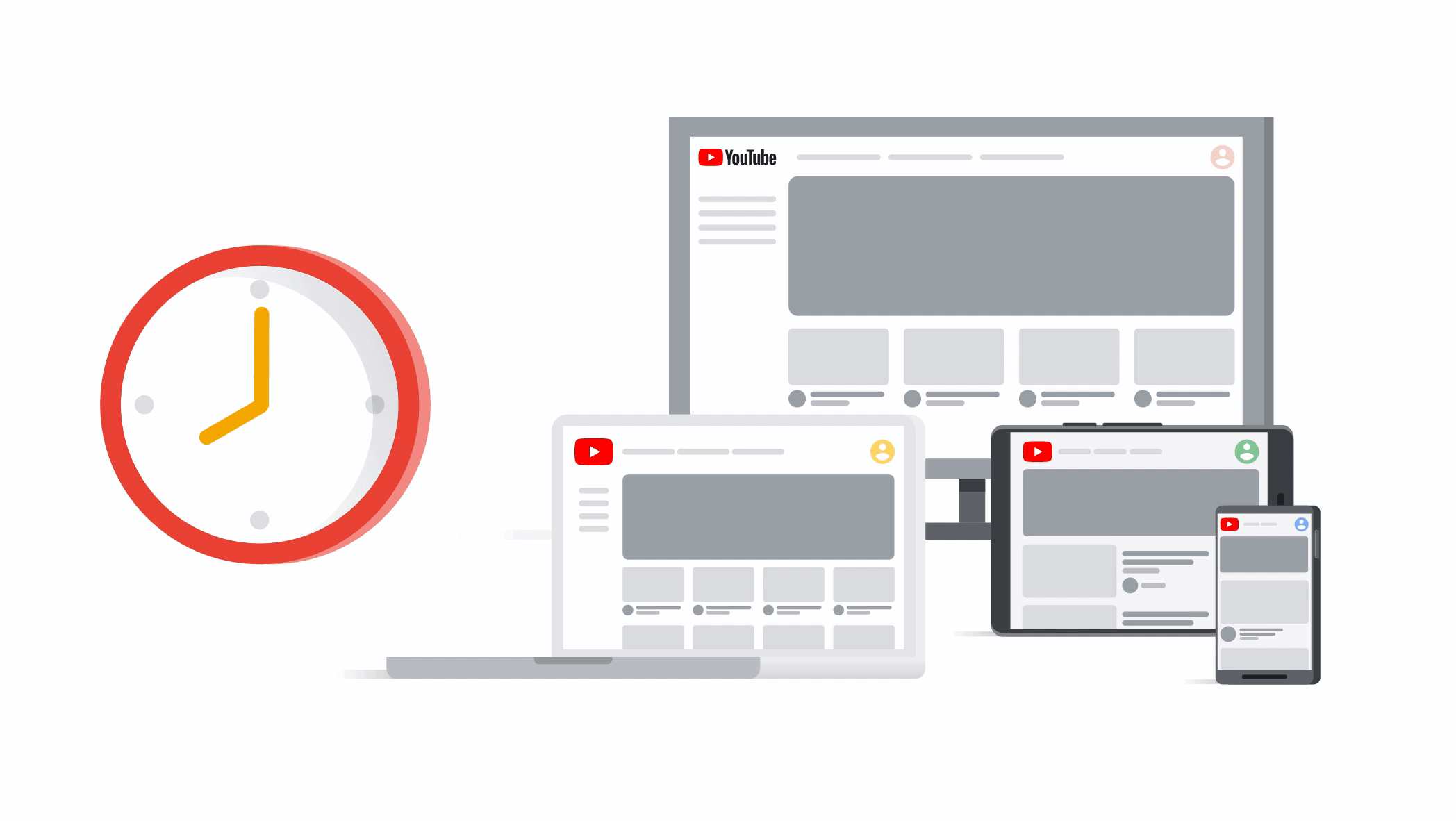 Animation of a clock striking 9:00 and ads appearing on YouTube on a TV, laptop, tablet and mobile device simultaneously.