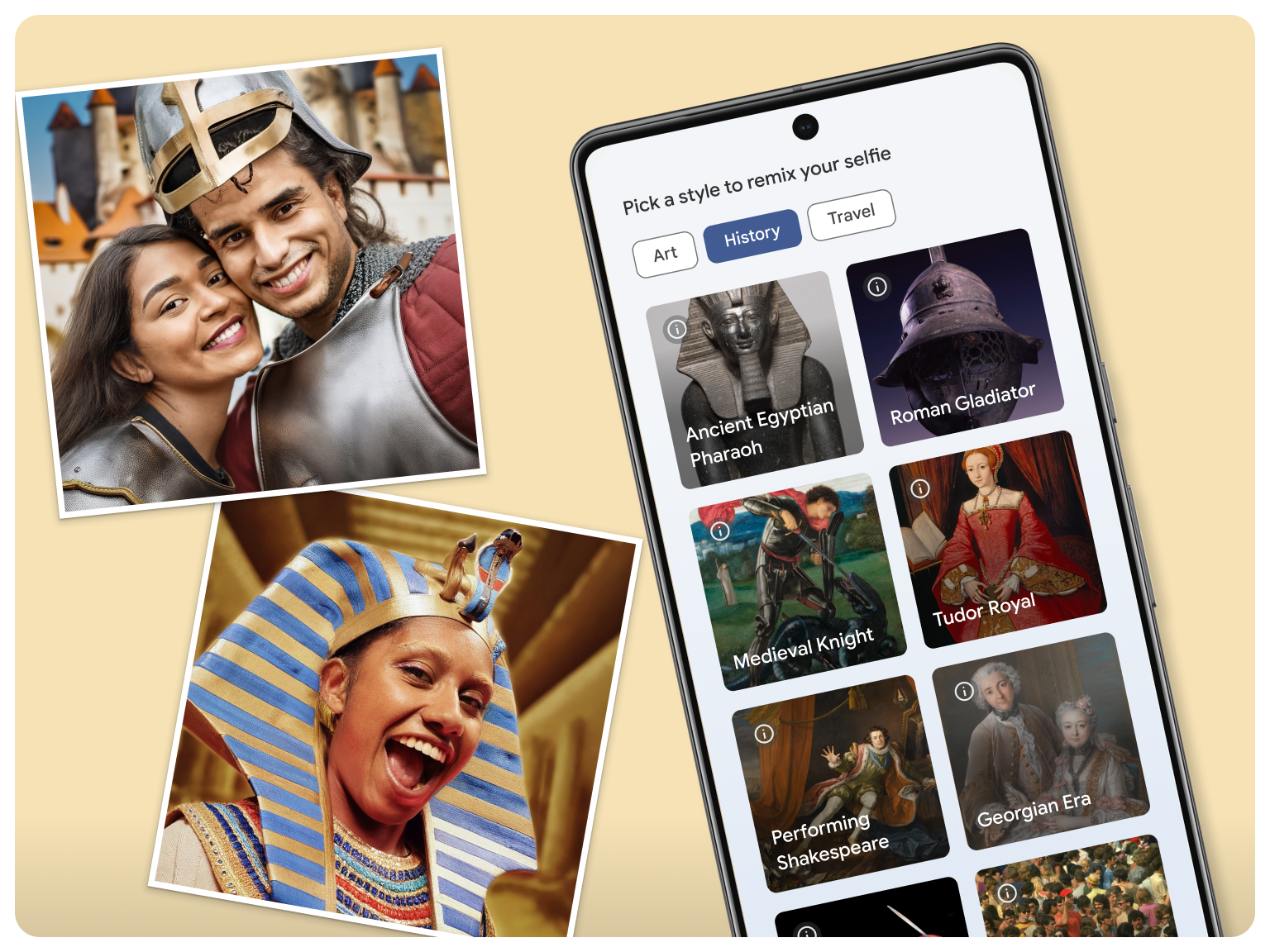 UI of Art Selfie 2 feature shows history inspired styles and remixed selfies