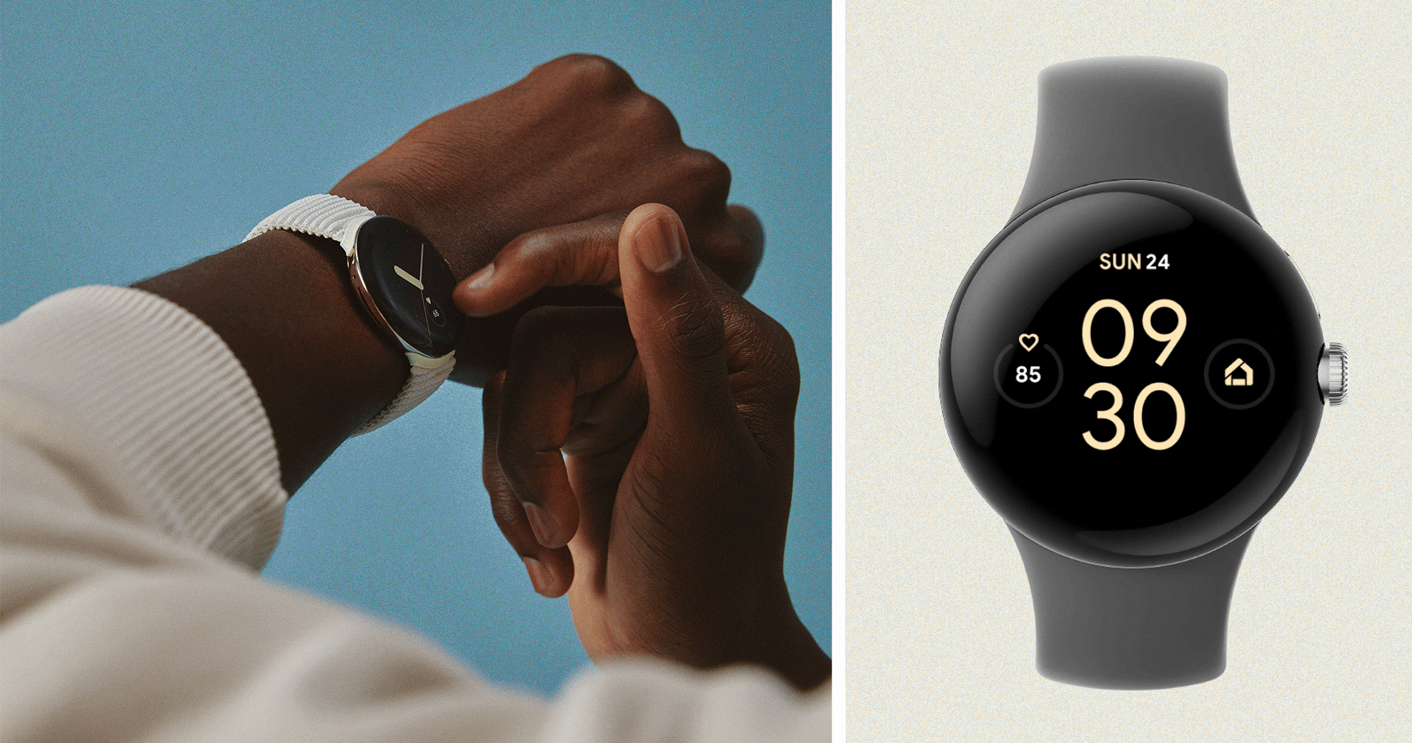 Two images. On the left is a person's wrist with the Google Pixel Watch. One the right is a GIF of the watch's interface.