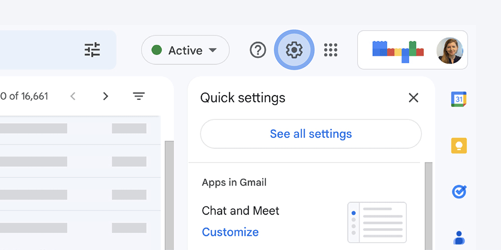 A GIF showing how to navigate to "Settings" and then "See all settings" in Gmail