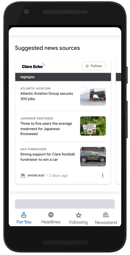 This GIF shows examples of news stories in the News Showcase panels from some of our partners in Ireland