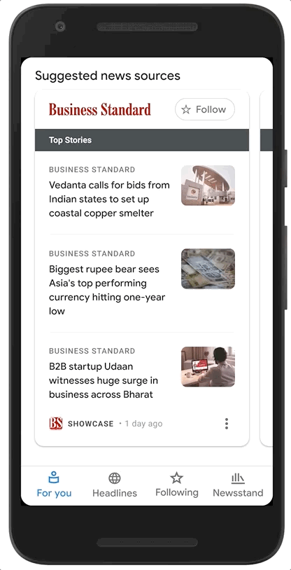 A GIF that is scrolling through examples of how News Showcase will look for some of our news partners in India