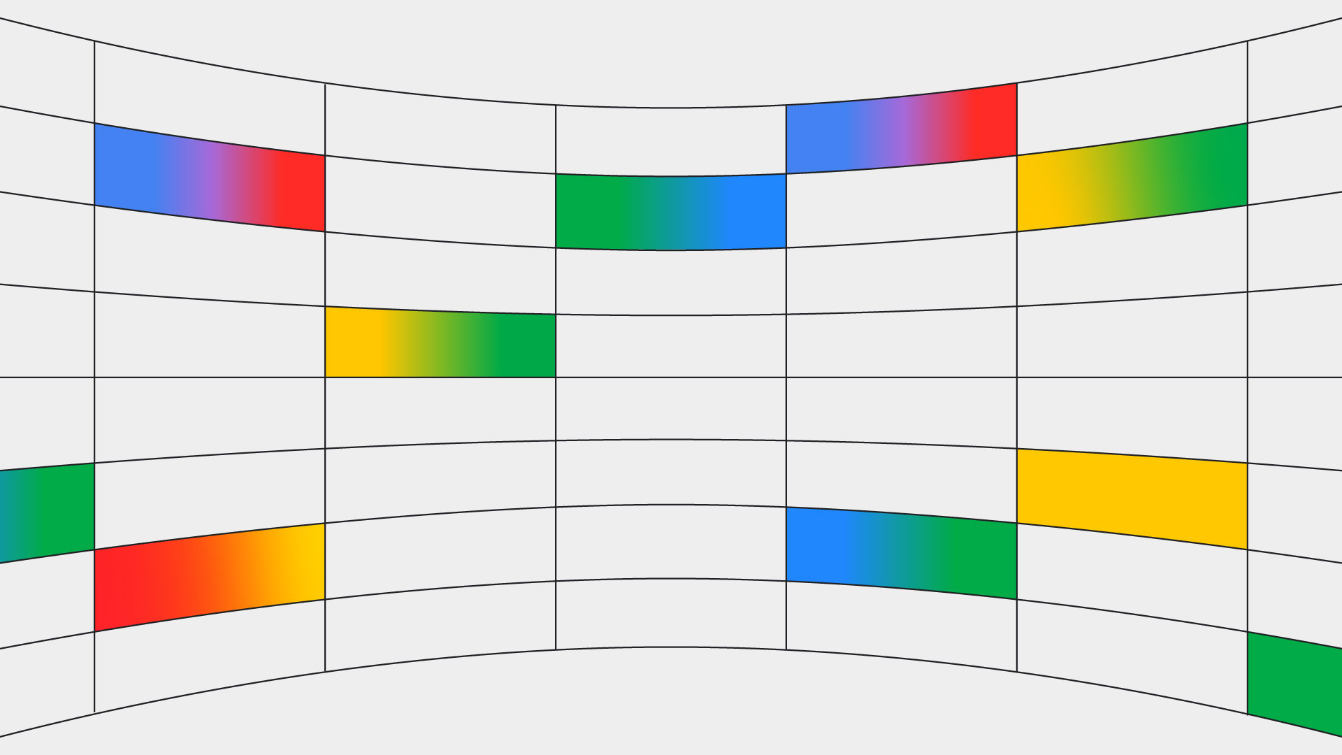 A grid with curved lines and rectangles filled with a gradient of rainbow colors.