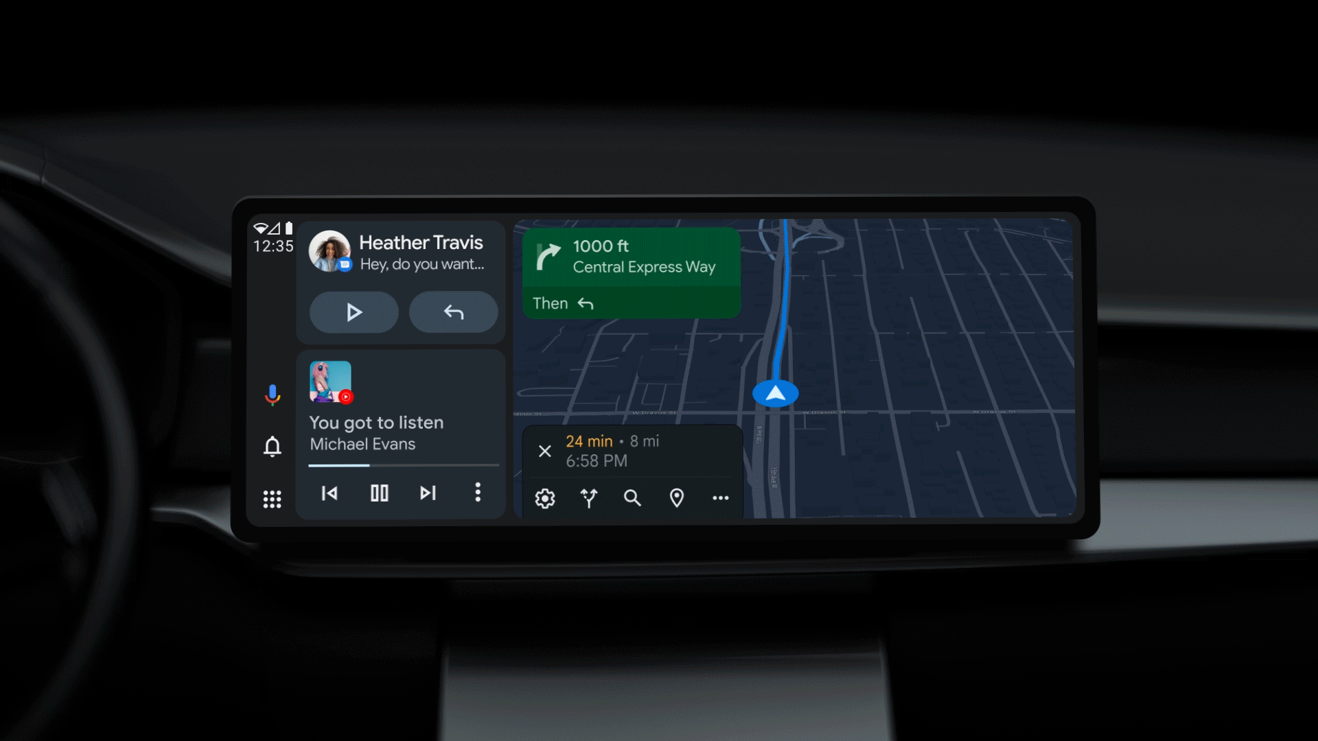 Car dashboard with display showcasing new Android Auto design in different screen sizes