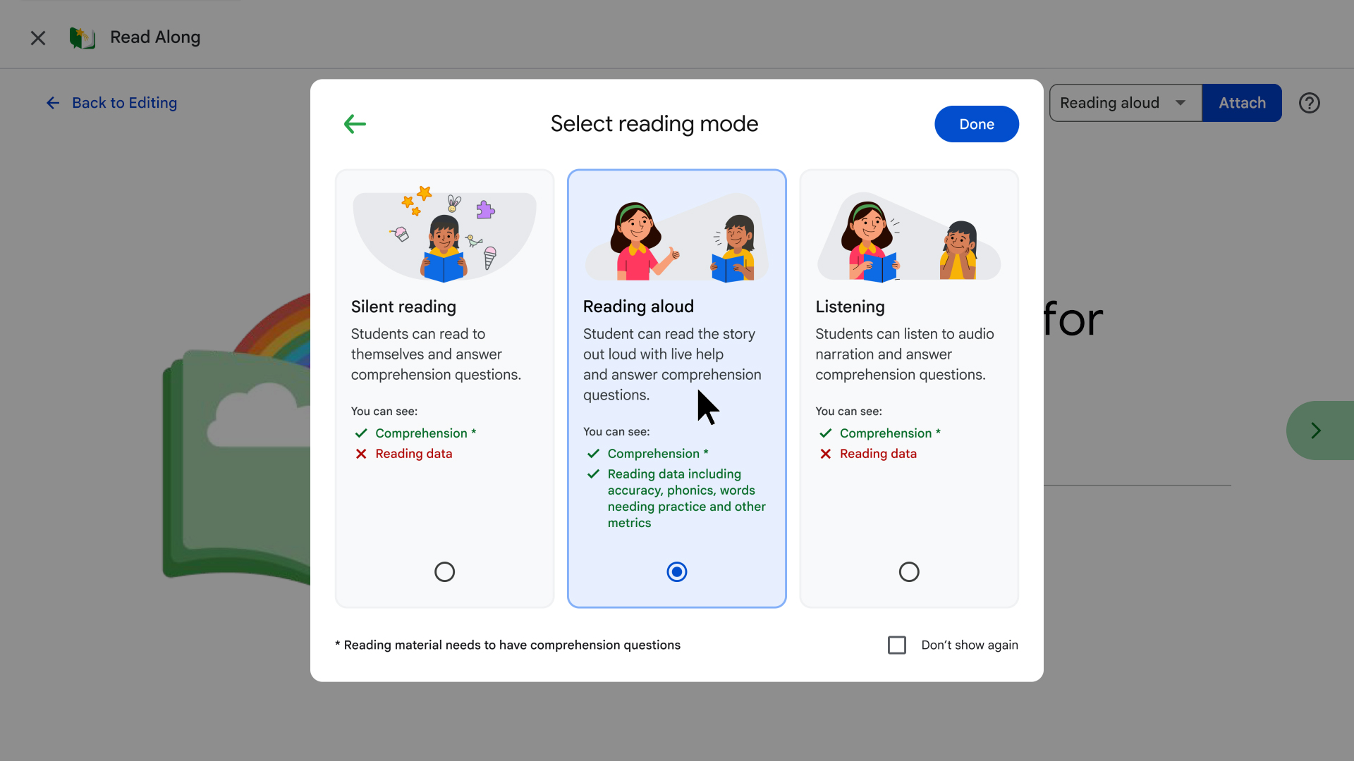 Google Classroom's Read Along feature showcasing three reading modes: Silent reading, Reading aloud, and Listening, with details on data tracking for each.  The image displays Google Classroom's "Select reading mode" options within the Read Along tool. It highlights how teachers can choose between silent reading, reading aloud with live help, or listening to audio narration, detailing the type of comprehension and reading data collected for each mode.