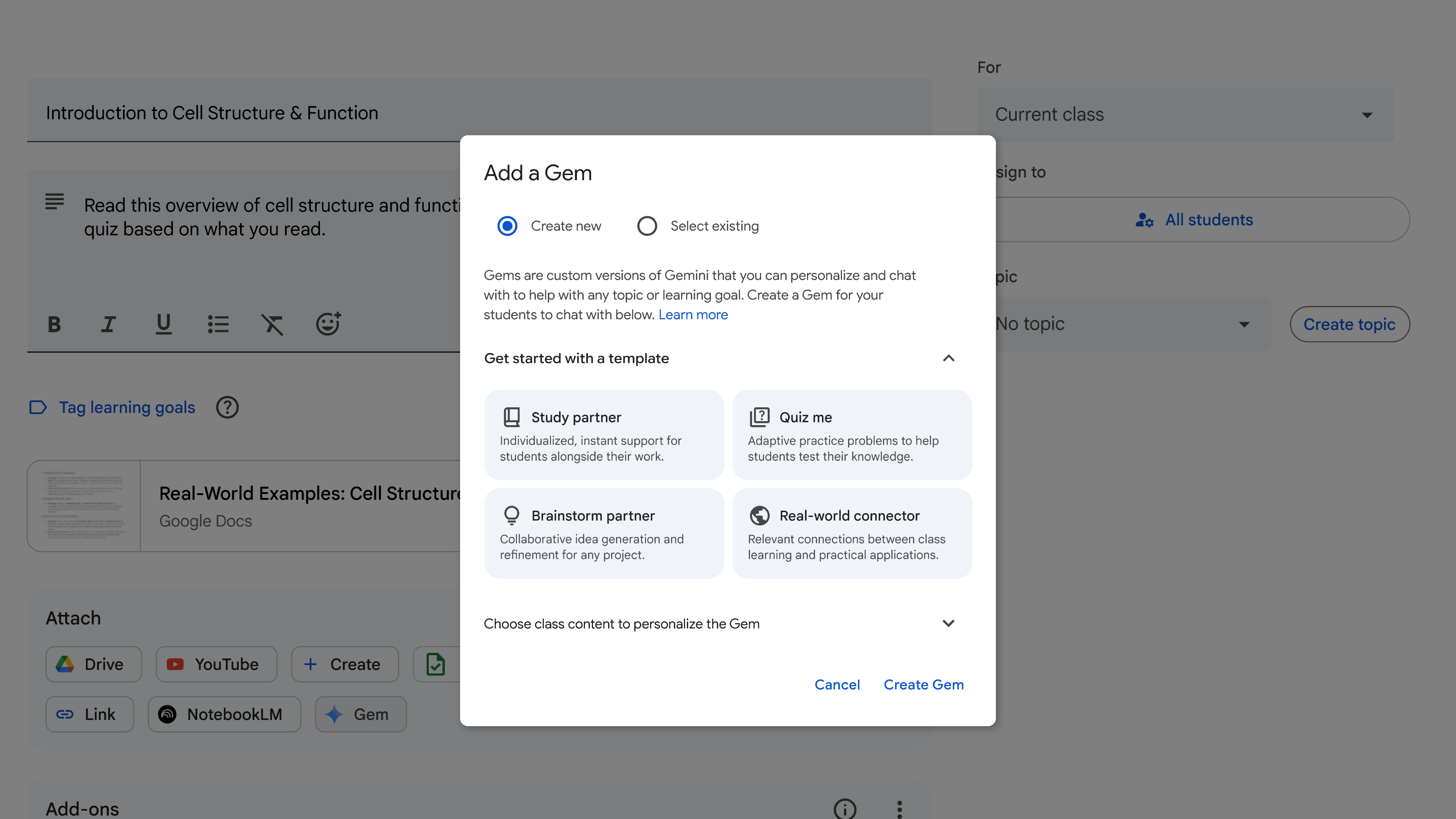 Screenshot of Google Classroom's "Add a Gem" pop-up, showing options to create new or select existing custom Gemini-powered tools. The image displays the "Add a Gem" interface within Google Classroom, offering teachers templates like "Study partner," "Quiz me," "Brainstorm partner," and "Real-world connector" to personalize Gemini's AI capabilities for their students.