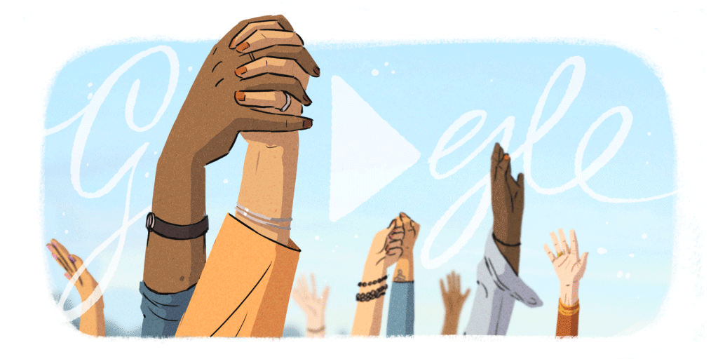 A Google Doodle featuring women's hands held high, two of them holding one another, plus animations of women's hands voting, making art and working in science.