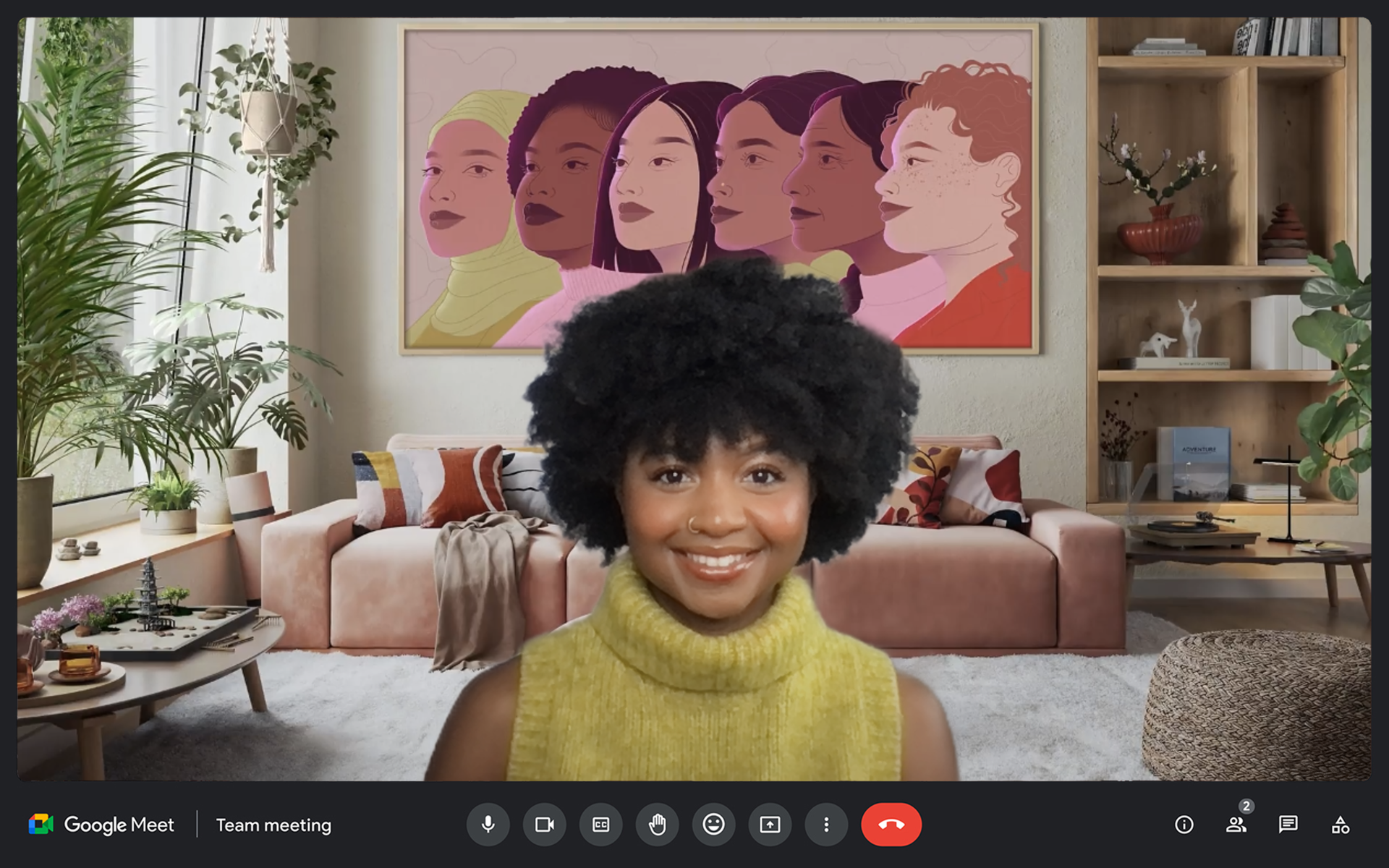 A Google Meet window with a person's head and shoulders centered in the foreground. The background is a well-lit living room featuring a large painting of women. The Google Meet controls are at the bottom of the screen, indicating an active video call.