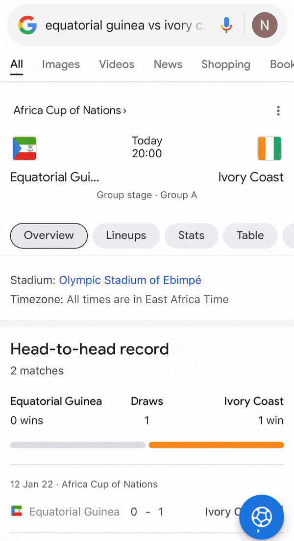 nimated GIF on a mobile screen of a Google search for 'Equatorial Guinea vs Ivory Coast'. It shows tabs for Overview, Lineups, Stats, and the Table for the Africa Cup of Nations match. The image includes a clickable Mini Cup Game icon, suggesting an interactive feature where fans can choose teams and score goals in a multiplayer online game, contributing to their team's success in a virtual competition.