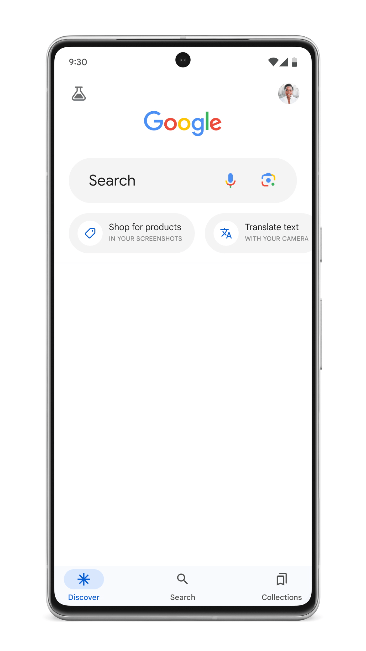 Animated GIF of a smartphone displaying the Google search homepage with options to shop for products, translate text with the camera, and tabs for Discover, Search, and Collections at the bottom.