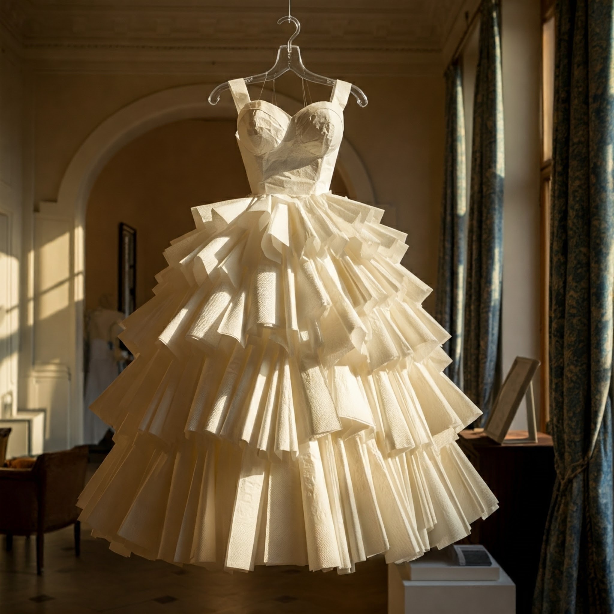 Obrázek svatebních šatů z papírových ubrousků. Vytvořeno za použití promptu v angličtině.