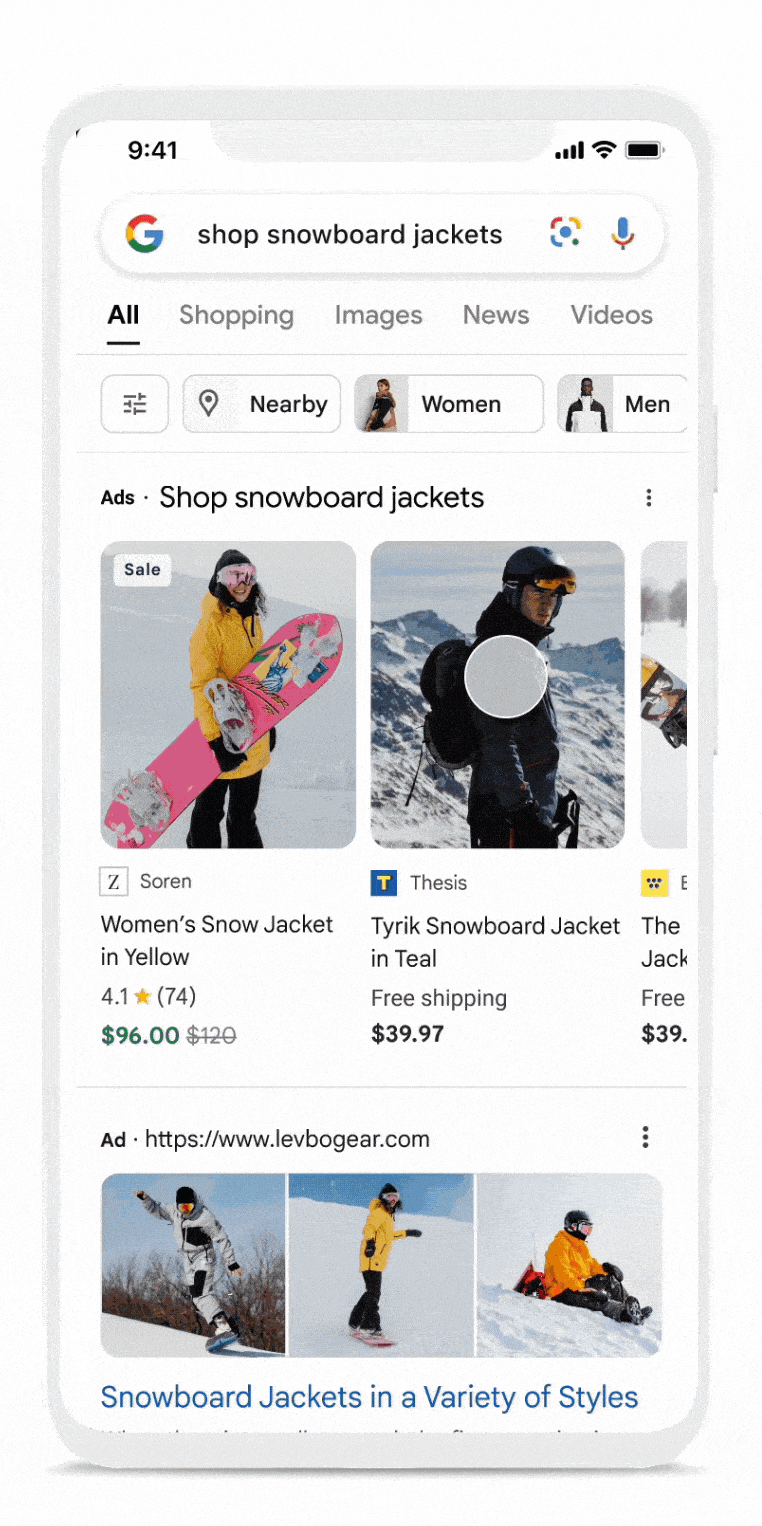 GIF che scorre i nuovi risultati di ricerca visiva di Google per la query di ricerca "acquista giacche da snowboard"