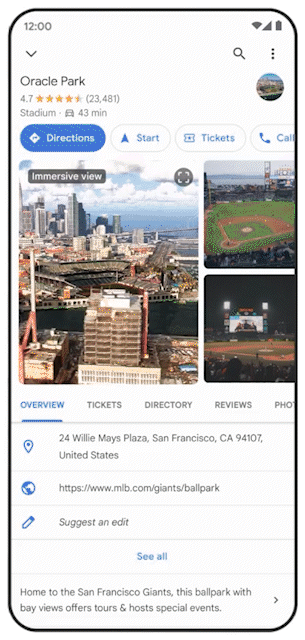 GIF of immersive view, featuring multi-dimensional imagery of Oracle Park in San Francisco with information layered on top
