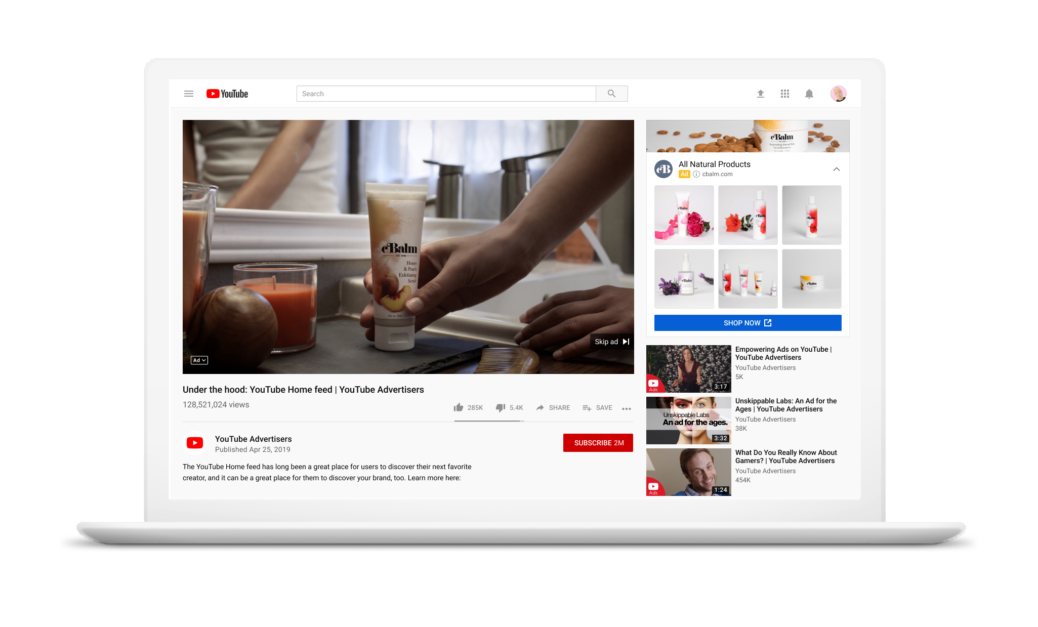 Still image of desktop playing a YouTube in-stream video ad for c’Balm. Images of different skincare products are shown to the far right  with a prominent “Shop now” button.
