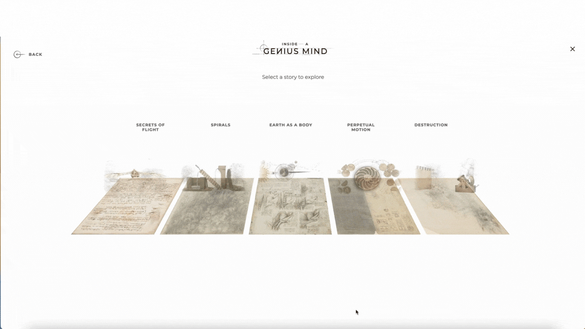 Páginas dos cadernos de Leonardo flutuam num ambiente virtual de fundo branco, agrupadas por tópicos.