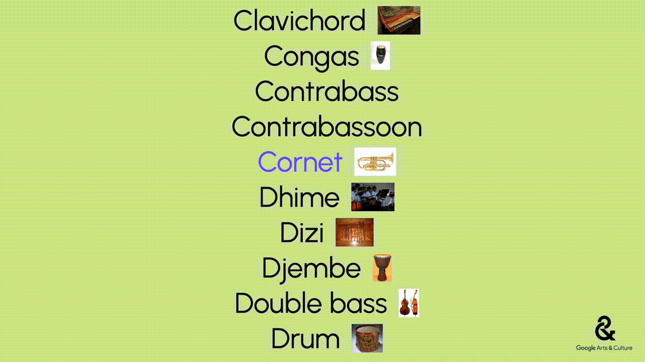 a scrolling GIF with the names of instruments like "Congas" and "Harp"