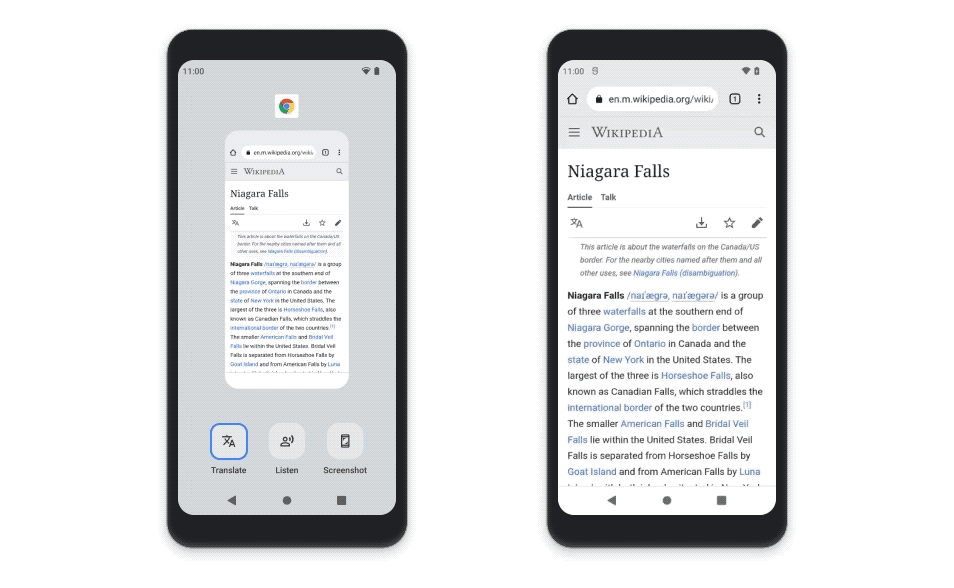 Two mobile phones side by side. The phone on the left is a still image of a Wikipedia page on Chrome with the “Translate”, “Listen” and “Screenshot” buttons below it. The phone on the right shows an animation of the content on the page being translated from English to Hindi.