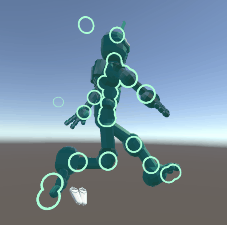 A silhouette of a 3D model with circles indicating the body parts that will be moved through animation.
