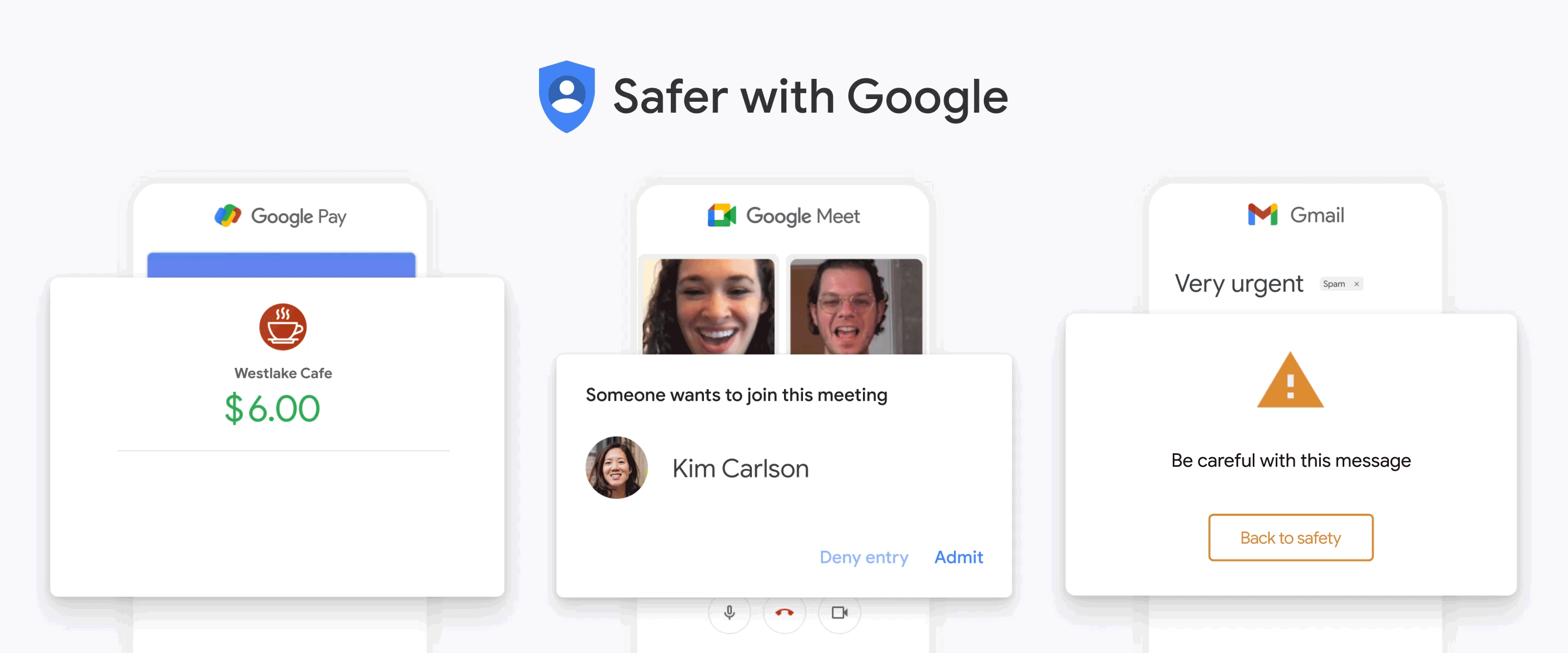 A series of animated images showcasing Google's safety and security features