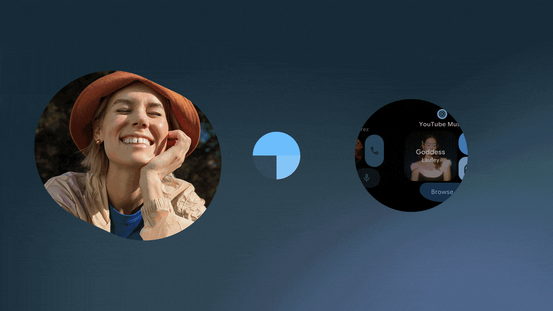 The left side cycles through different people wearing different color clothing including pink, blue and orange and the right side is a watch display that changes its colors to match the person. In the middle is a circle with different colors that match the overall theme.