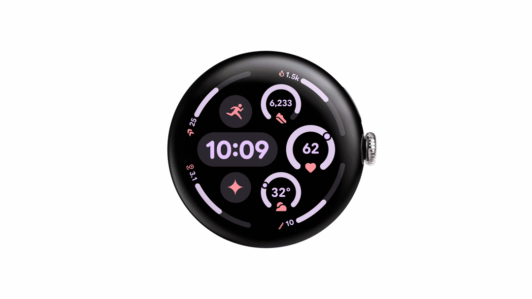 Round watch display swiping through the notifications, quick settings, tiles and setting an alarm to show the fluid motion and transitions.