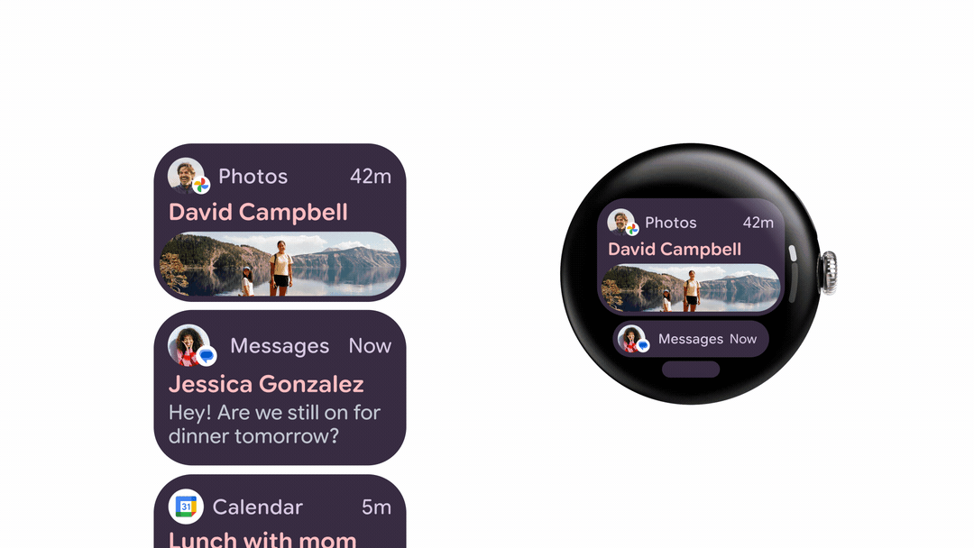 On the left shows a series of notifications extracted from a watch into a long scroll and the right shows the same notifications compacted into a watch display