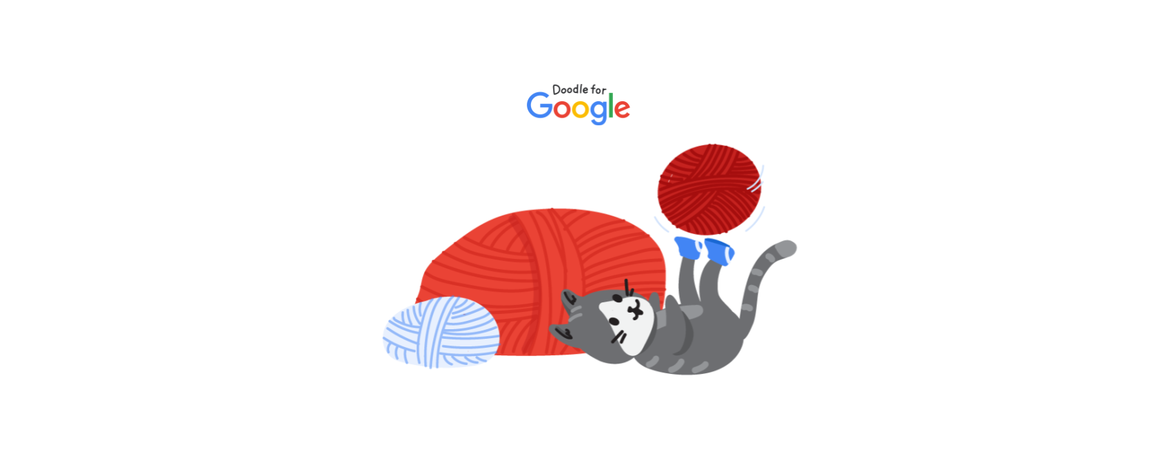 A kitten playing with a ball of yarn underneath the Doodle for Google logo.