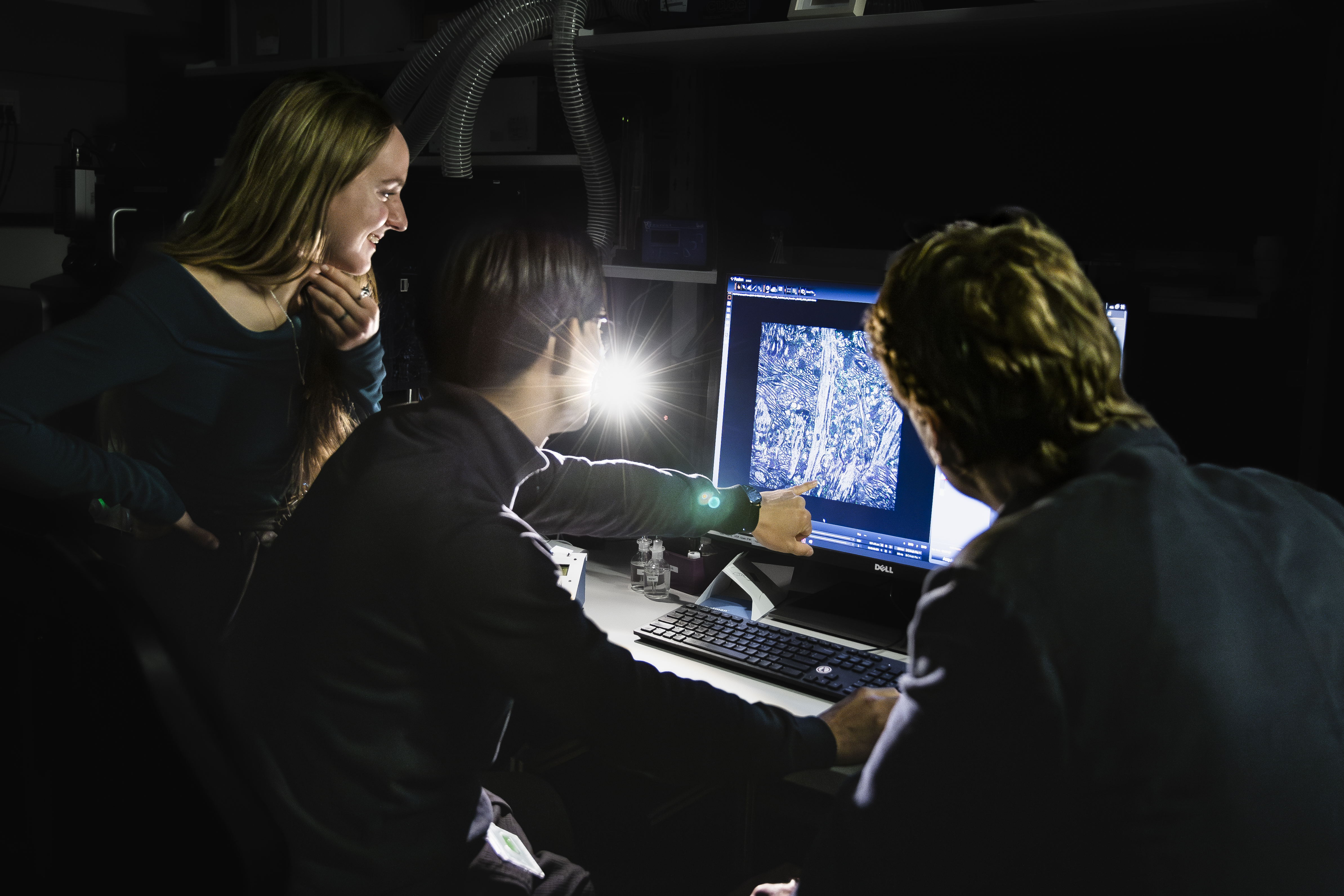 Three researchers surround a monitor with a close-up blue and white image of the hippocampus. The researchers are in a dark room and dressed in dark clothing.