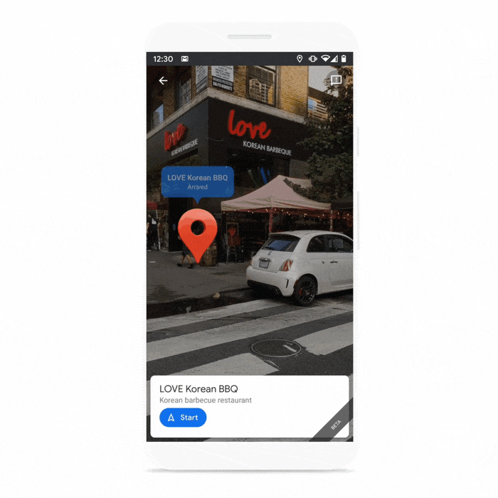 A gif showing a Google Maps Live View of LOVE Korean BBQ and the Empire State Building.