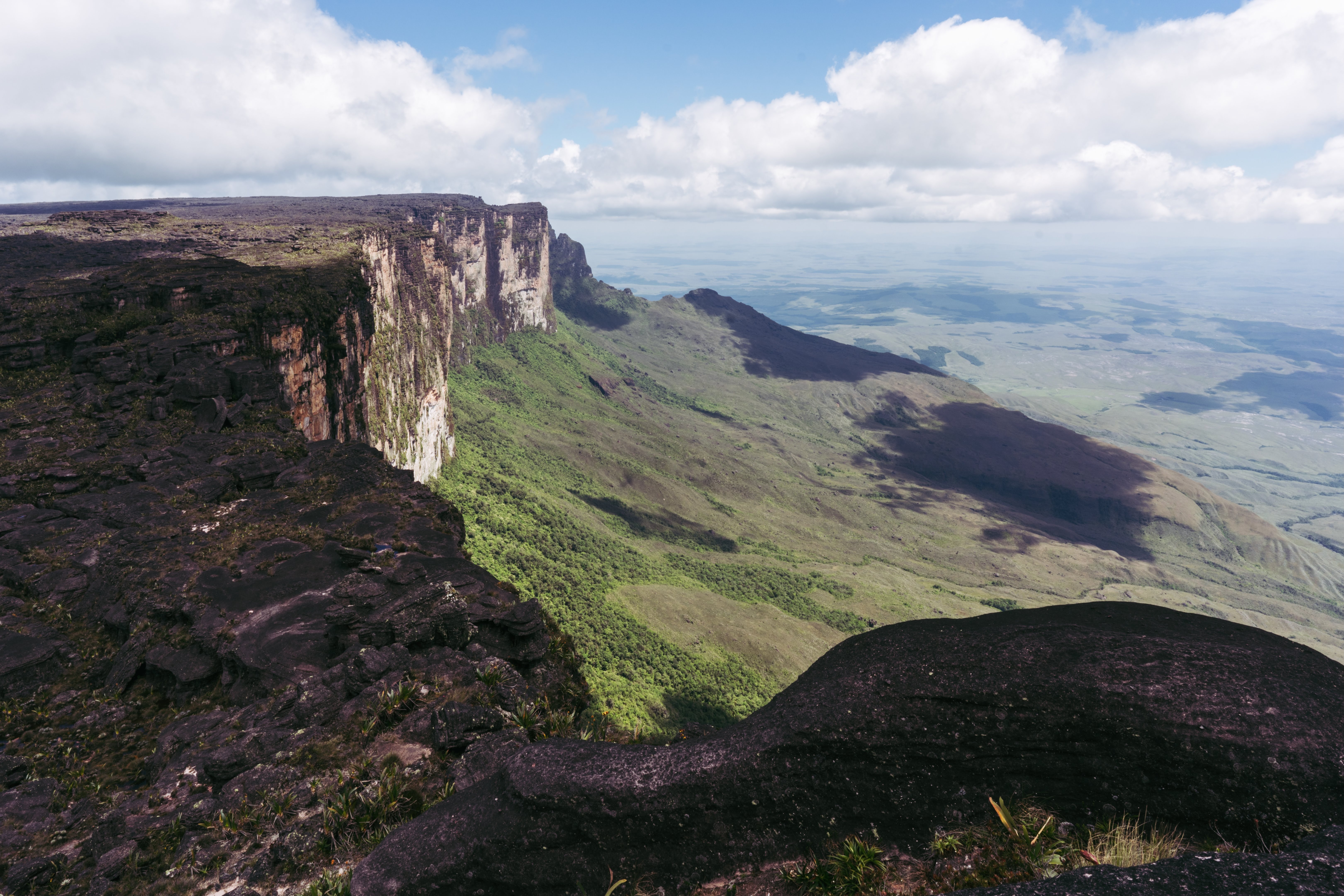 Landscape of Roraima, with a flat trail, green plains, and blue skies.