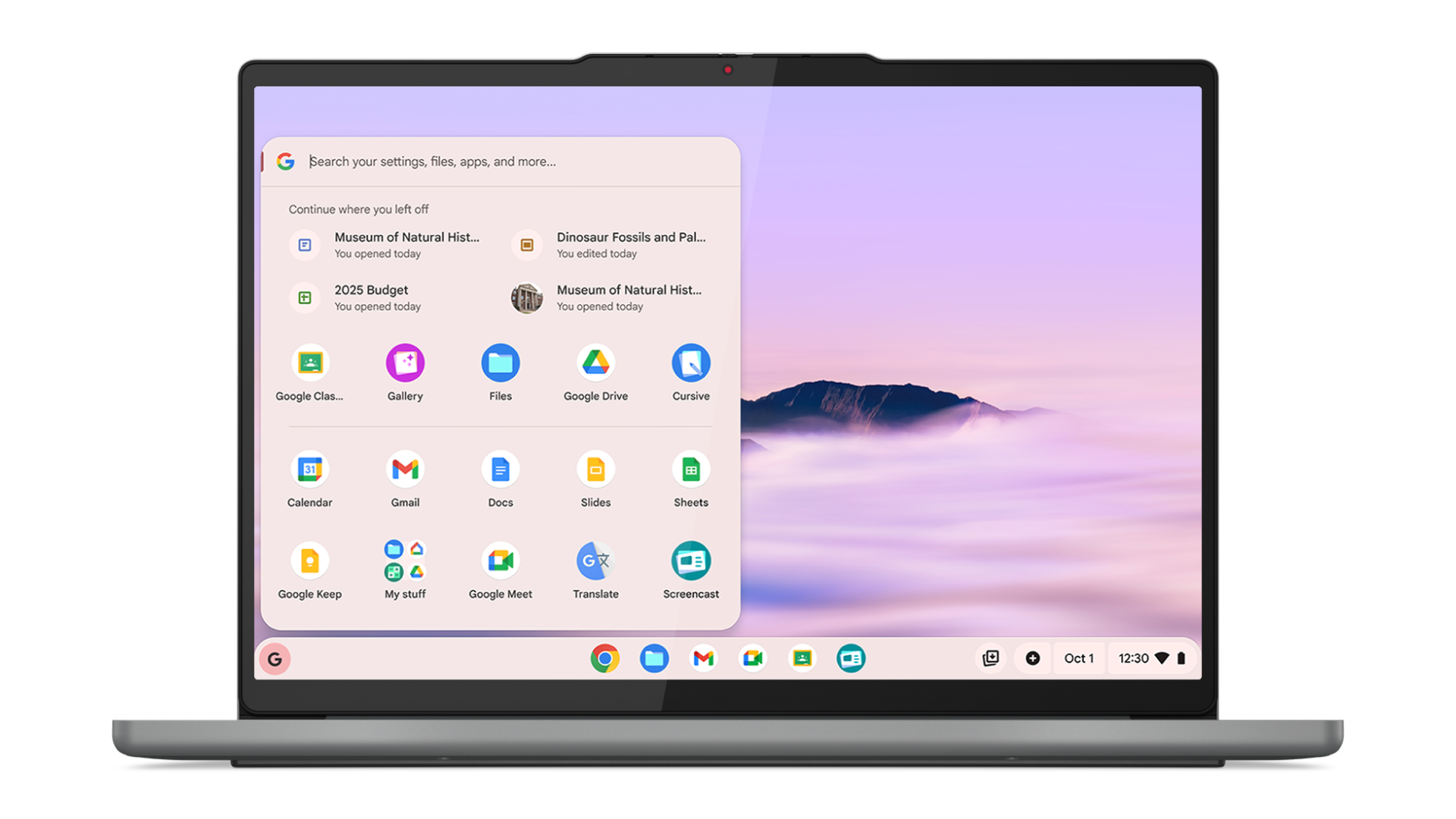 Front view of an open Lenovo Chromebook Plus laptop. The screen displays the ChromeOS desktop with a taskbar featuring Google Workspace apps and an open launcher menu showing recently used educational files and productivity tools.