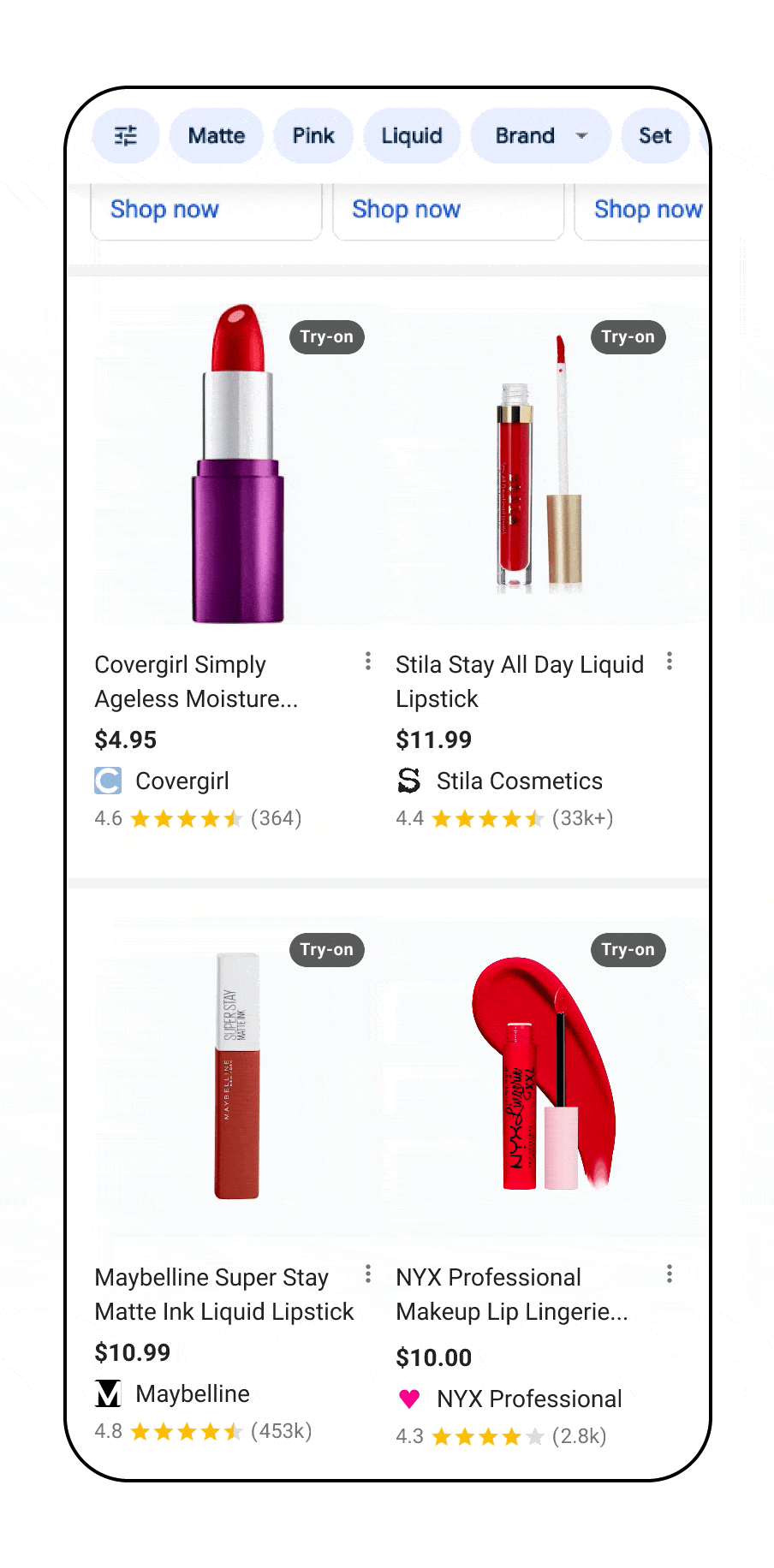 A phone shell shows a search for Covergirl’s Simply Ageless Moisture Renew Core Lipstick. The animation shows what the color “Honest Berry”  would look like on a model, and then on the user.