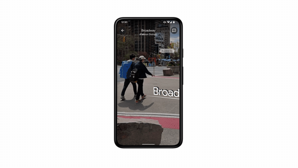 A GIF of Live View showing street labels overlaid on Google Maps with augmented reality