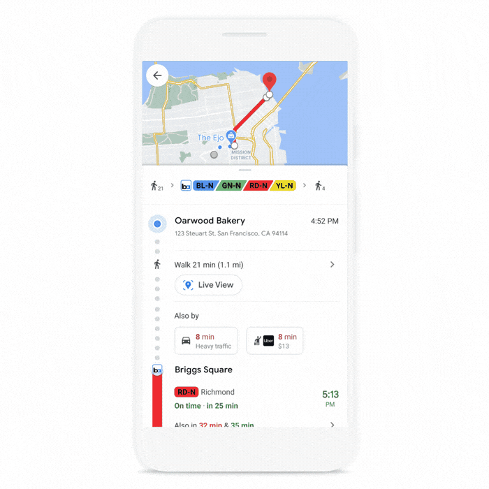 A gif showing a Google Maps Live View of directions to Market St.